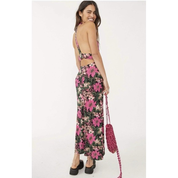 Free People Dress Large‎ Mimi Floral Maxi Ruched Halter Cottage Beach Tropic NWT - Picture 1 of 13